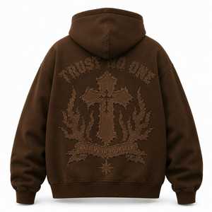 Trust No One Distressed Embroidery Zip-Up Hoodie Oversized Heavyweight Distressed Letter Hoodie Full Zip Hoodie - Product Image 2