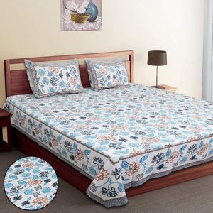 Drap de lit double en coton pur imprimé floral avec housses d'oreiller, bordure turquoise, textile de maison indien - Product Image 1