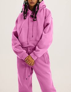 Conjunto de chándal de 2 piezas para mujer, sudadera corta con capucha y pantalones deportivos, color sólido, corte holgado informal, para todas las estaciones - Product Image 4
