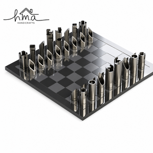 Black And Gold Brass <b>Chess</b> Set With Cylindrical Rounded Pieces Modern Checkered Square <b>Board</b> Luxury <b>Table</b> Decor Game - Product Image 2