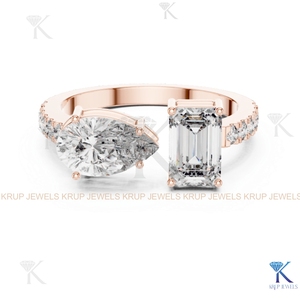 Custom Lab Grown CVD Diamond Toi et Moi Ring Pear Emerald Cut Pave <b>Solid</b> Gold - Product Image 5
