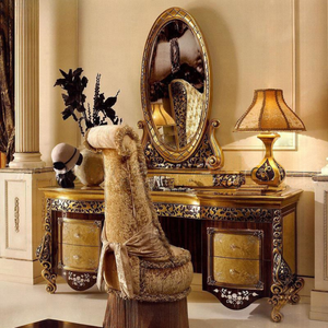Luxury Classic Mahogany Wood Dressing <b>Table</b> 4-Drawers with <b>Mirror</b> Dark Wood Gold Inlay Vanity Set Elegant for Hotel Bedroom - Product Image 1