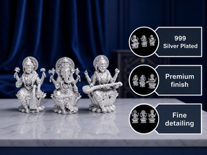 Jaipur Metals - Ídolo de Laxmi Ganesh Saraswati con forma de loto largo, chapado en plata 999 |   100% Latón |   10.5x9x5.5cm |   152g |   Boda Hecha a Mano - Product Image 2