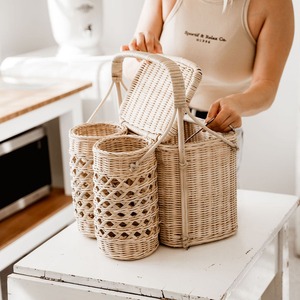 Cestas de pícnic de paja tejida con compartimentos, cesta de almacenamiento práctica de ratán, portavinos y aperitivos. - Product Image 4