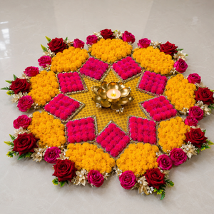 Tapis Rangoli Floral Fait Main avec Porte-Bougie Lotus, Décoration Rose Jaune et Rose pour Diwali, Mariage, Puja, Décoration de Sol - Product Image 4