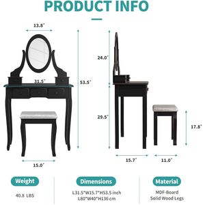 Black YS <b>Makeup</b> Vanities Set Vanity <b>Table</b> with Mirror and 5 Drawers Dressing <b>Table</b> with Stool - Product Image 5