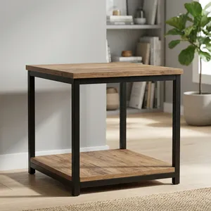 Mesa de Centro de Madera con Estructura de Hierro Negro y Estante Inferior de Almacenamiento, Mueble Rústico Industrial para Sala de Estar - Product Image 2