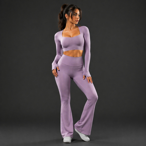 2026 New Women Solid <b>Flare</b> <b>Leggings</b> Yoga Set High Waisted Fitness Long Sleeve Crop Top Breathable Eco-Friendly Workout Gym Wear - Product Image 1