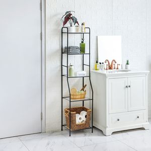 Freestanding <b>Corner</b> <b>Bathroom</b> Storage Tower Matte Black Steel 5-Shelf Rack with Glass Shelves - Product Image 1
