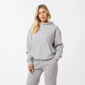 Ensemble de survêtement décontracté pour femmes en coton gris uni à 100% avec capuche et coupe ample en 2 pièces pour l'hiver - Product Image 2