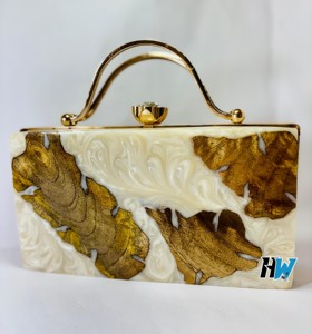 Vintage Solid Wood <b>White</b> Resin Storage <b>Bag</b> <b>Clutch</b> <b>Bag</b> with Gold Metal Handles Custom Chic Purse Wedding Party Evening Fashion - Product Image 1