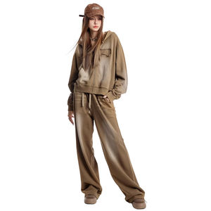 Custom Designer Ladies Embroidery <b>Zip</b> <b>up</b> Acid Wash <b>Crop</b> Sweatsuits Tracksuits Sets Flared Sweatpants and Hoodies Sets Women - Product Image 1
