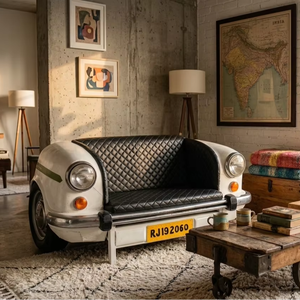 Sofá Original para Auto Ambassador con Asiento de Cuero Blanco y Cuero Negro, Muebles de Cuero Originales para Auto Ambassador - Product Image 1