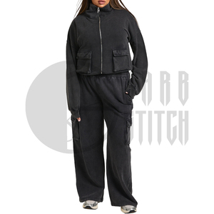 Custom Women Acid Wash Cargo Tracksuit Set Oversized <b>Zip</b> <b>Up</b> <b>Jacket</b> Wide Leg Sweatpants OEM ODM Manufacturer - Product Image 1