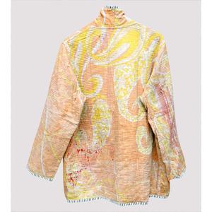 Chaqueta Kantha de punto amarilla transpirable de algodón con diseño de parches, larga, unisex, para otoño, con frente abierto y rayas. - Product Image 6
