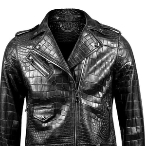 Veste de moto en cuir véritable gaufré croco pour homme, fermeture éclair sur le devant, ceinture, coupe ajustée, coupe-vent, manteau d'hiver pour motard - Product Image 3