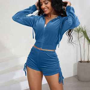 Conjunto de Sudadera Corta con Capucha y Pantalones Cortos para Mujer, con Logotipo Personalizado, Tejido Acanalado, Dos Piezas, Estilo Deportivo Informal, para Primavera y Otoño, Venta al por Mayor - Product Image 4
