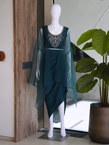 Women Ethnic Teal Green Embroidered Crop <b>Top</b> With Asymmetric Skirt And <b>Net</b> Dupatta Party Wear Set India Pakistan Style - Product Image 4