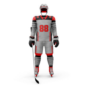 Men's Ice Hockey Uniform Set Gray Red Striped Sublimated V-Neck Full Sleeve Moisture Wicking 100% Polyester <b>Athletic</b> Fit - Product Image 1