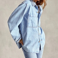 Kemeja Wanita Premium Klasik Berkancing Kerah Jaket Saku Tempel Blus untuk Wanita Lengan Panjang Kemeja Denim Oversize
