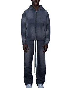 Acid Wash Flared Tracksuits Distressed Sweatsuit Hoodies and <b>Sweatpants</b> Sets Zip up 500 GSM Straight Leg Jogging Suit - Product Image 3