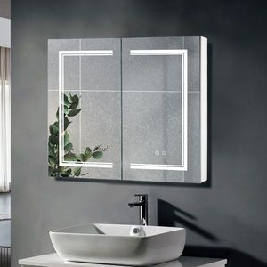 Specchio da Bagno OZON 28x32 Pollici, 1 Porta, 2 Ripiani, LED Antiappannamento con Illuminazione a 3 Colori e Regolazione della Luminosità Power Memory & 2 Plugs" - Product Image 4