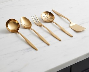 Ensemble d'ustensiles de service en acier inoxydable poli satiné doré, cuillère, fourchette, louche, spatule, vaisselle pour hôtel, restaurant, couverts - Product Image 1