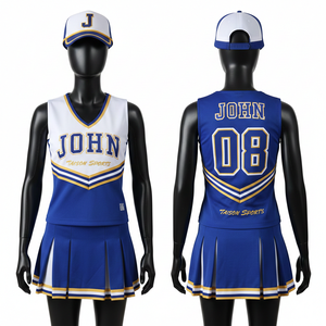 Maillot de cheerleading pour femmes, tissu polyester haute performance 180 GSM, bleu royal, blanc, or, panneau chevron, logo personnalisé par sublimation - Product Image 1