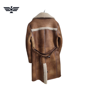 <b>Men's</b> Brown PU Leather Slim Double Breasted Front Long Coat Faux Fur Lining Turn-down Collar Double Breasted Windproof <b>Winter</b> - Product Image 2