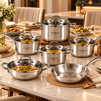 Ensemble de casseroles en acier inoxydable de qualité export, 10 pièces, compatible gaz, poignées rivetées, chauffe rapide, finition durable