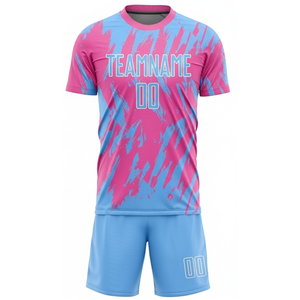 Conjunto de Uniforme de Fútbol Sublimado Personalizado, Rosa y Azul, Manga Corta, Absorbente de Humedad, Unisex, para Adultos, con Nombre del Equipo y Logotipo Impresos - Product Image 2