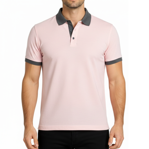 Polo homme rose clair, best-seller, col contrastant gris, coupe slim, manches courtes, décontracté, pour le golf - Product Image 1