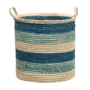Panier de rangement en jonc de mer rayé tressé à la main, naturel et bleu, panier à linge tissé, organisateur décoratif pour la décoration du salon - Product Image 1