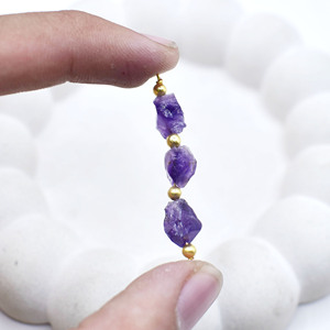 Amethyst Three Stone Connector Gold Plated Beaded Charm Link Raw Gemstone Jewelry Supply <b>Bracelet</b> For DIY Necklace - Product Image 5