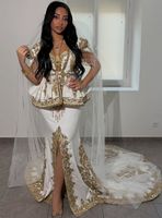 Nouvel ensemble élégant de veste de mariage traditionnelle brodée en or blanc et robe longue Karakou pour femme, coupe droite en crêpe banane