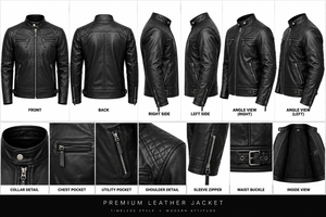 Chaqueta de Motociclista para Hombre 2026, Negra, de Cuero Vacuno Genuino, Transpirable, Corte Ajustado, Cuello Alto, Cierre de Cremallera, Estilo Biker, para Invierno - Product Image 5