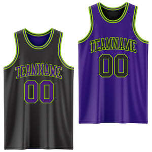 Ensemble de maillots de basket-ball réversibles personnalisés noir, violet, vert néon, sublimation double face, uniforme d'équipe, séchage rapide, taille élastique, 3D - Product Image 2