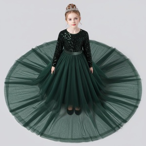 Elegante Vestido de Princesa Verde de Terciopelo con Lentejuelas Bordadas para Niñas, Vestido de Fiesta, Proveedor al por Mayor, OEM - Product Image 1