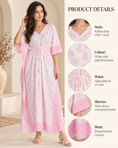 Vestido Kaftán Bohemio Floral Blanco y Rosa para Mujer, Cuello en V, Maxi, Ropa de Playa, Cintura Ajustable, 100% Algodón, Ropa de Resort con Aberturas - Product Image 6