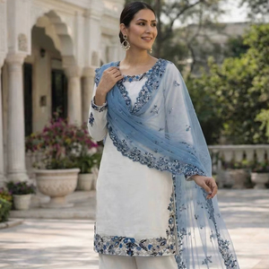 Ensemble Kurti Palazzo brodé blanc et bleu élégant avec dupatta en tulle – Tenue de soirée ethnique de créateur pour femme - Product Image 1
