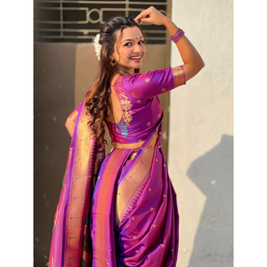 Sari Paithani Nauvari Especial de Seda Suave con Motivos de Polka Tejidos con Hilo Zari Morado para Bodas, Pallu de Pavo Real, Ropa India y Pakistaní - Product Image 4