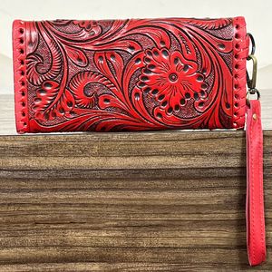 2026 Retro Boutique Collection <b>Red</b> full Tooled Cow Leather Clutch Wallet for Women Bohemian Floral Card Wallet Wristlet <b>Purse</b> - Product Image 5