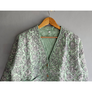 Green Floral <b>Kantha</b> Quilted Cotton <b>Jacket</b> Women V-Neck Button Front Short Coat Festival Wear gift for her - Product Image 4