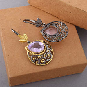 925 Sterling <b>Silver</b> Vintage Gold Plated Amethyst Faceted Gemstone Drop <b>Earring</b> Bezel <b>Set</b> Pearl Accent Floral Design Fine Jewelry - Product Image 2