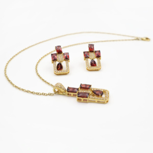 925 Sterling Silver Natural Red <b>Garnet</b> Pendant & <b>Earring</b> Set Gold Plated OEM ODM Fine Jewelry - Product Image 2