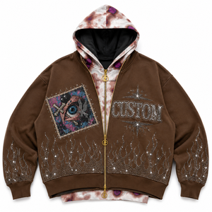 Vente en gros de sweats à capuche pour hommes, double couche, marron, zippés, avec motif flamme en strass, style streetwear oversize, veste personnalisable avec logo, usine OEM B2B - Product Image 2