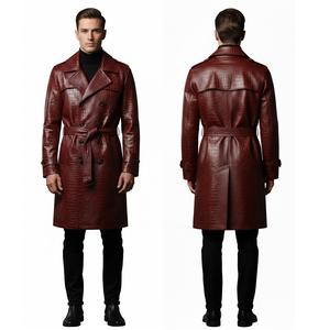 Veste longue en cuir véritable pour homme, motif gaufré bordeaux, coupe ajustée, double boutonnage, style trench-coat. - Product Image 1