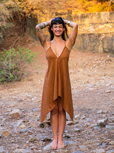 Earthy Terracotta Cotton Khadi Halter Neck Pixie Dress Artisanal Boho Summer Dress with Hand-Printed <b>Head</b> <b>Wrap</b> Dress - Product Image 4