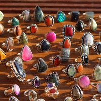 Magnifiques bagues en gros, tailles US 5-11, pierres précieuses naturelles, pour femmes, style vintage, laiton plaqué argent, assortiment varié