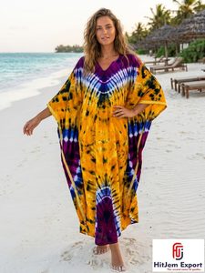 Vestido Kaftán Tie Dye HitJem para Exportación, Cuello Redondo, Manga Larga, Holgado, Largo hasta el Suelo, Estilo Bohemio, para Playa, Verano, de Gasa, para Mujer - Product Image 3